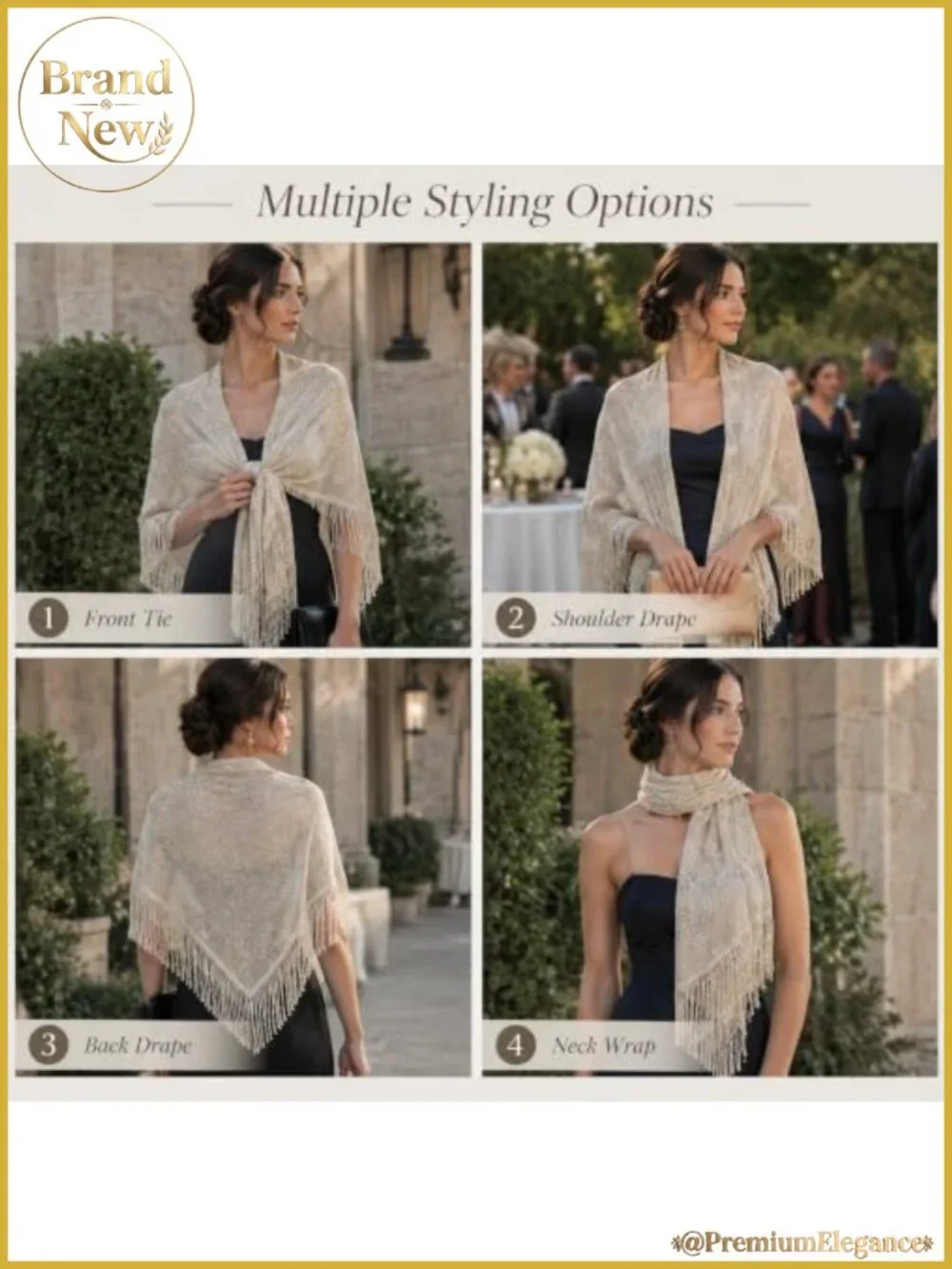 Metallic Shimmer Triangular Tassel Shawl Wrap for Evening Dresses